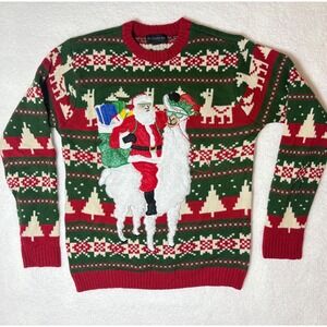 Blizzard Bay Santa Riding Llama Ugly Christmas Sweater Green Red Womens Medium